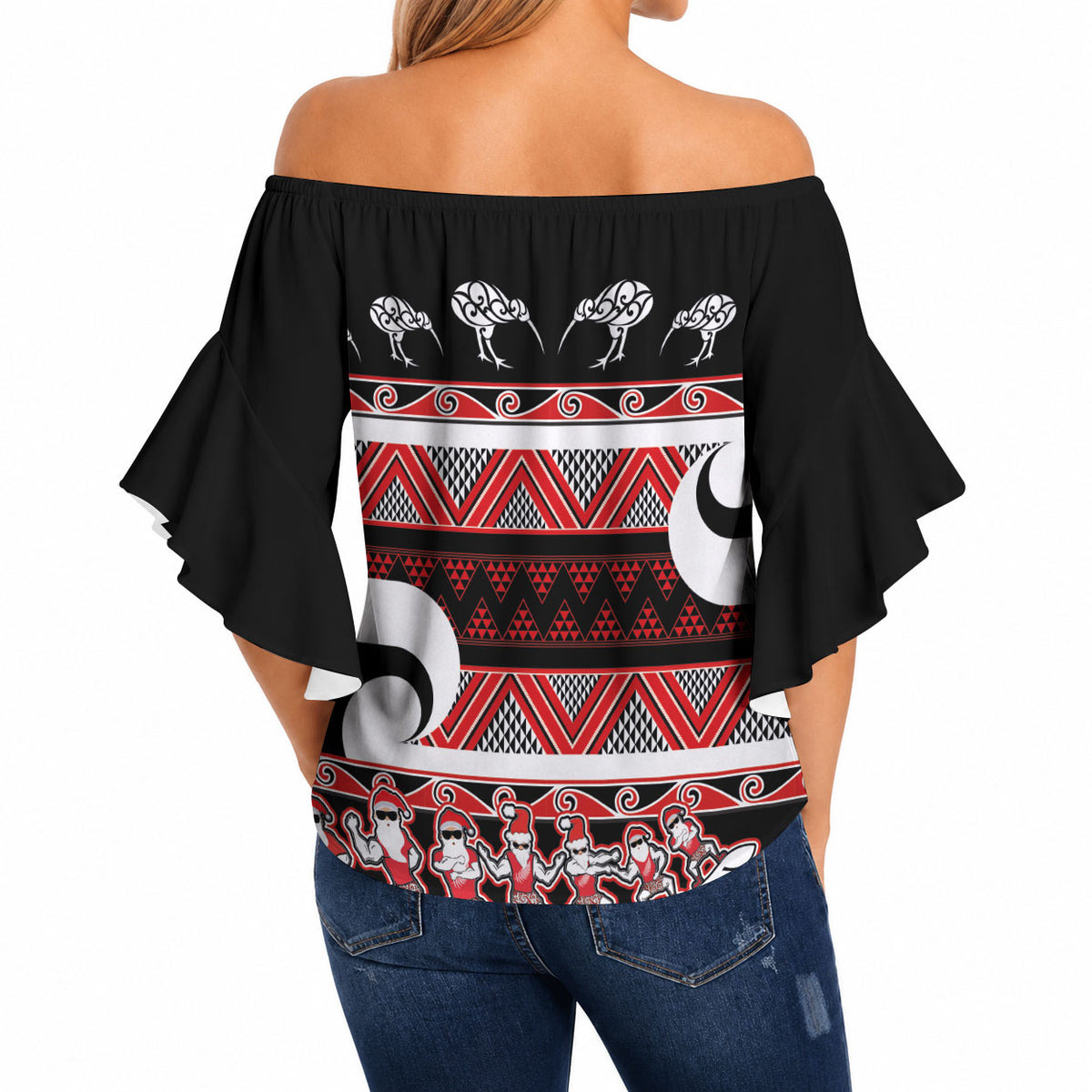 New Zealand Christmas Off Shoulder Wrap Waist Top Funny Santa Claus Haka Dance with Tukutuku LT03 - Polynesian Pride