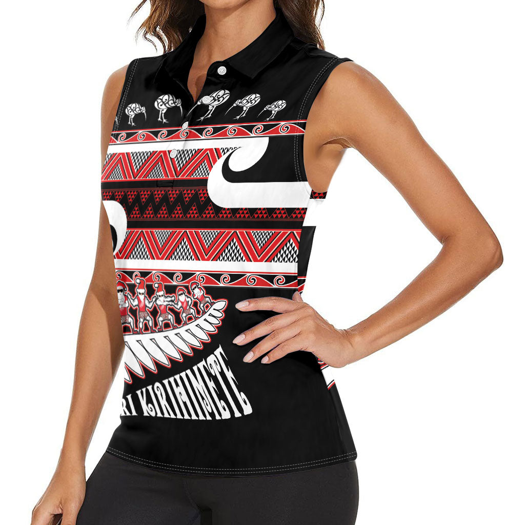 New Zealand Christmas Women Sleeveless Polo Shirt Funny Santa Claus Haka Dance with Tukutuku