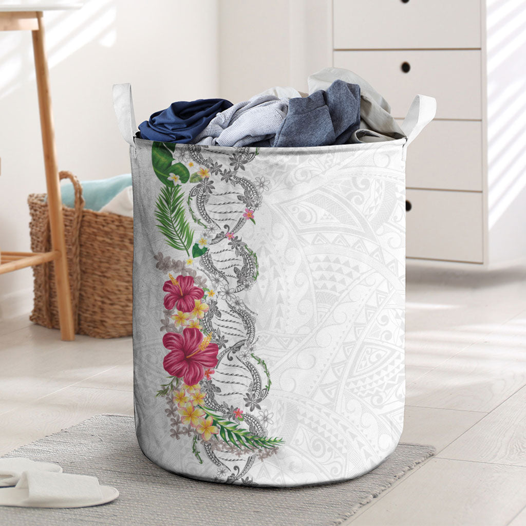 Hawaii DNA Kakau Tattoo Laundry Basket with Plumeria and Hibiscus Tropical Plants White Color