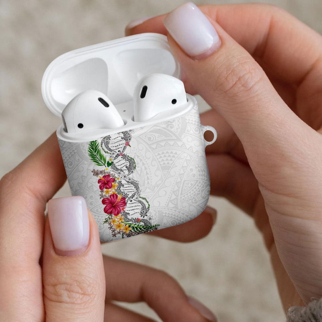 Hawaii DNA Kakau Tattoo AirPods Case with Plumeria and Hibiscus Tropical Plants White Color