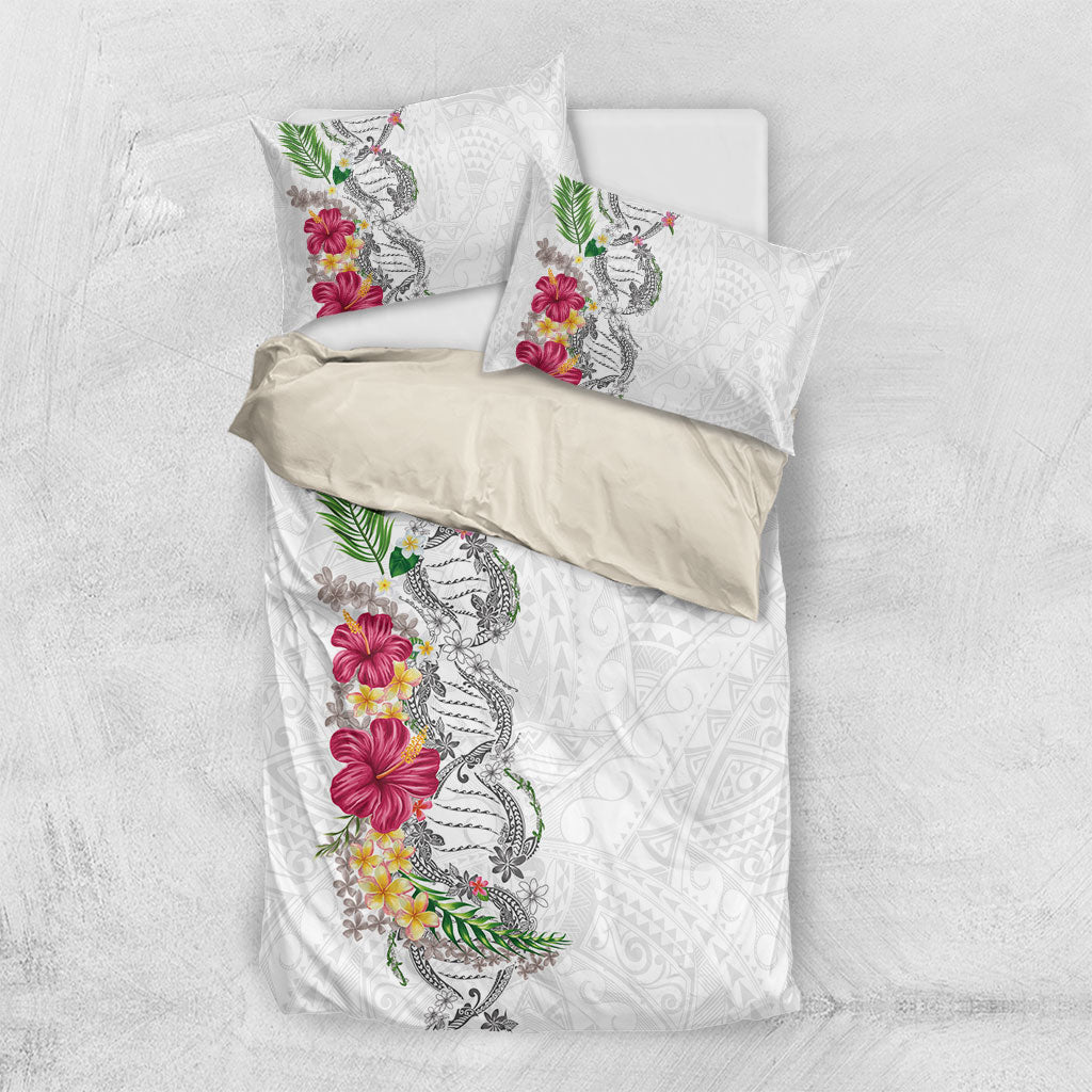Hawaii DNA Kakau Tattoo Bedding Set with Plumeria and Hibiscus Tropical Plants White Color LT03 US Twin 172cm x 218cm White - Polynesian Pride