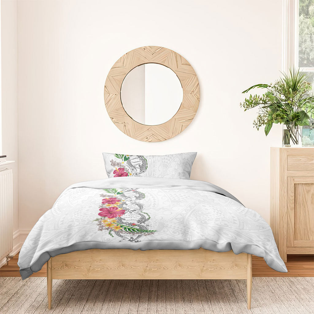 Hawaii DNA Kakau Tattoo Bedding Set with Plumeria and Hibiscus Tropical Plants White Color LT03 - Polynesian Pride