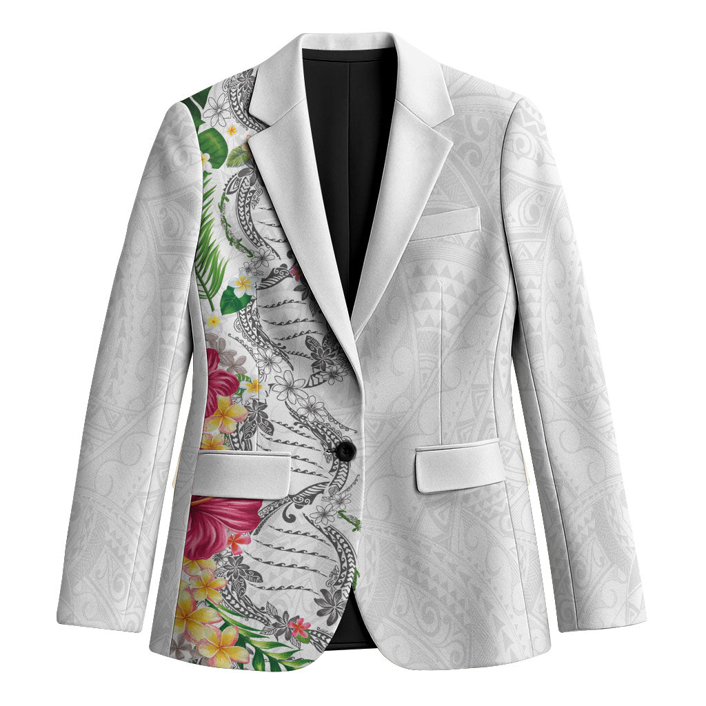 Hawaii DNA Kakau Tattoo Blazer with Plumeria and Hibiscus Tropical Plants White Color