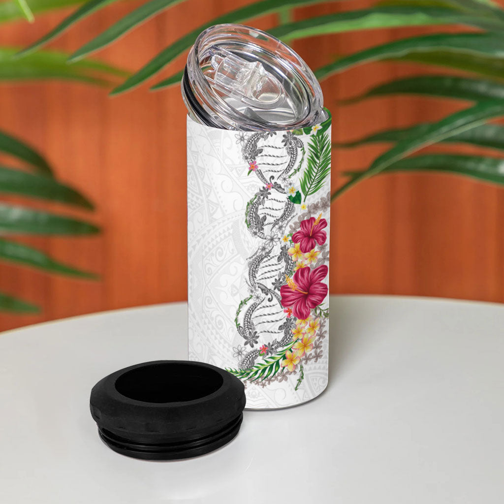 Hawaii DNA Kakau Tattoo 4 in 1 Can Cooler Tumbler with Plumeria and Hibiscus Tropical Plants White Color