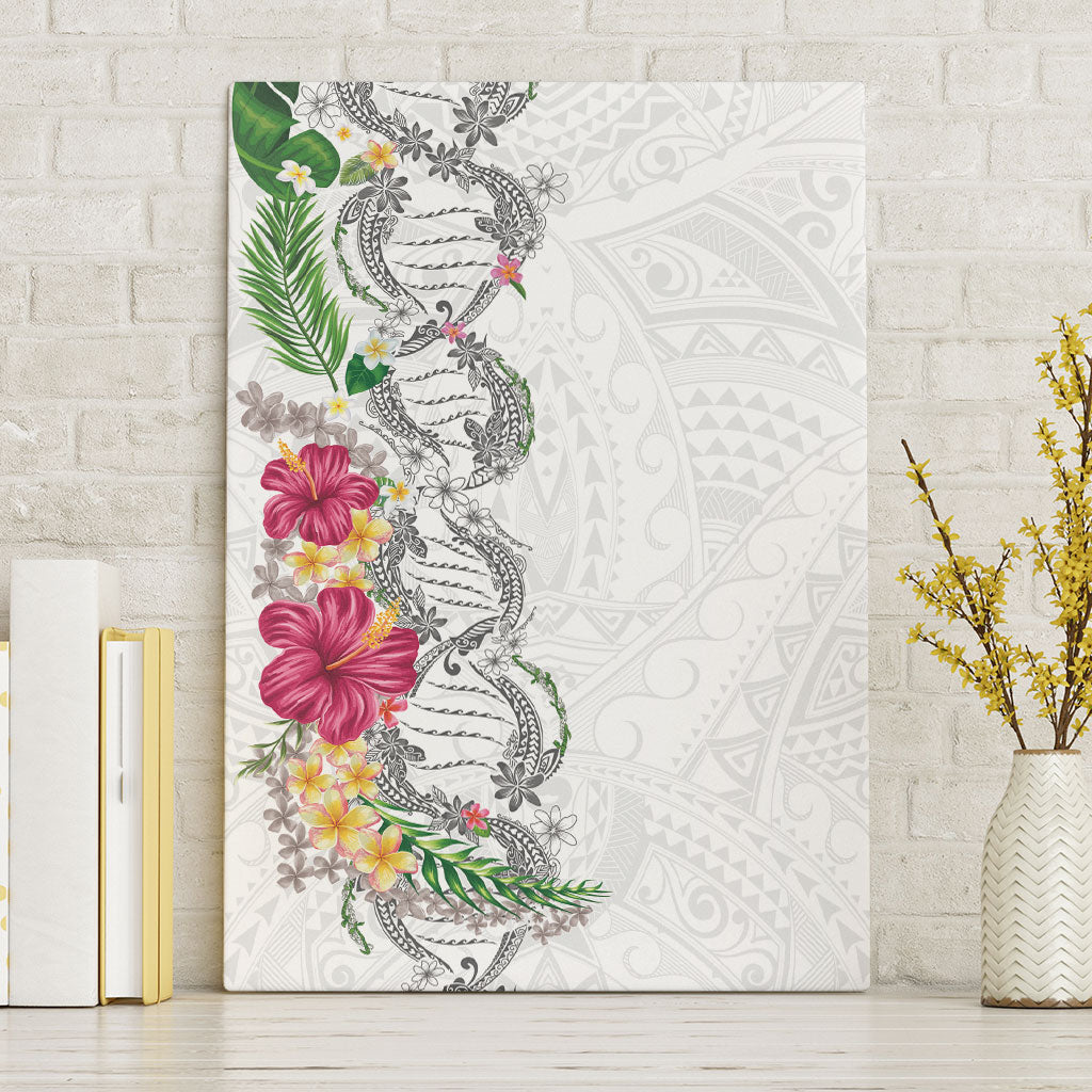 Hawaii DNA Kakau Tattoo Canvas Wall Art with Plumeria and Hibiscus Tropical Plants White Color