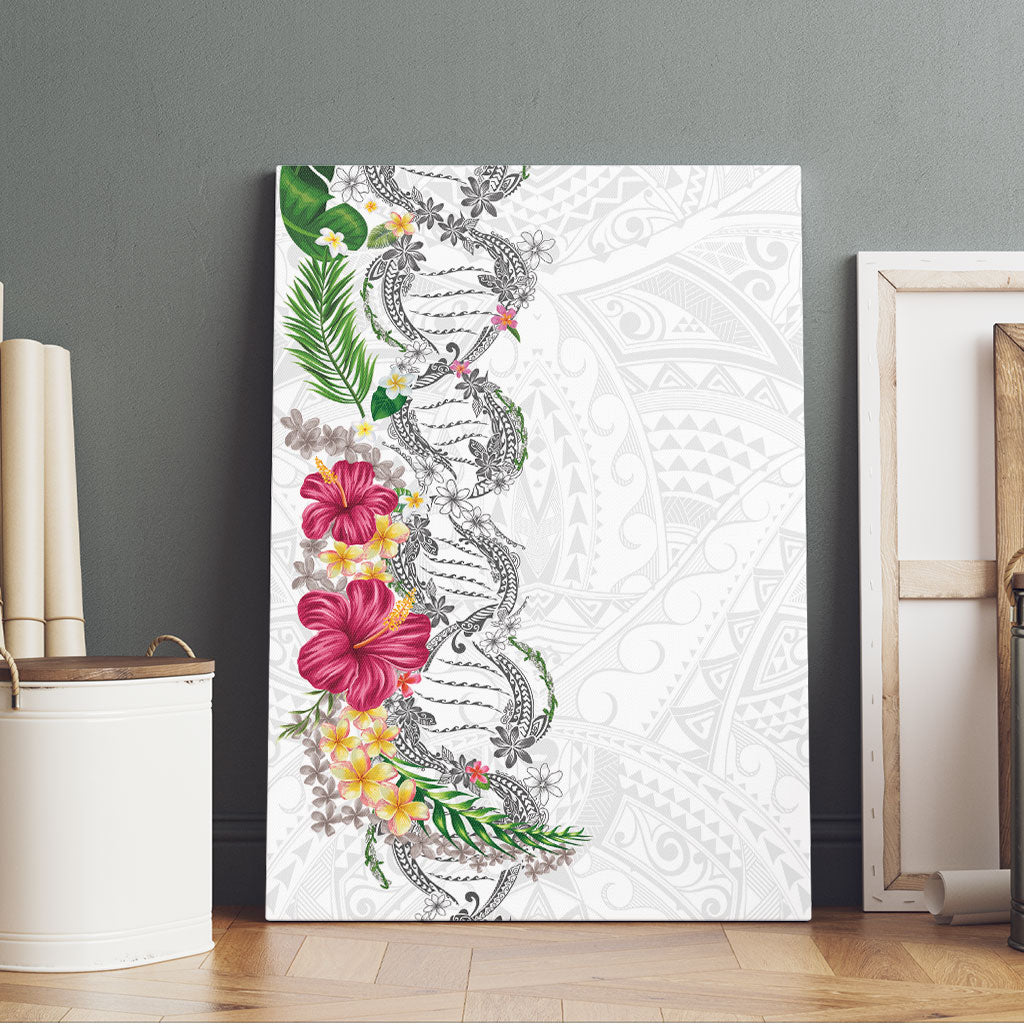Hawaii DNA Kakau Tattoo Canvas Wall Art with Plumeria and Hibiscus Tropical Plants White Color