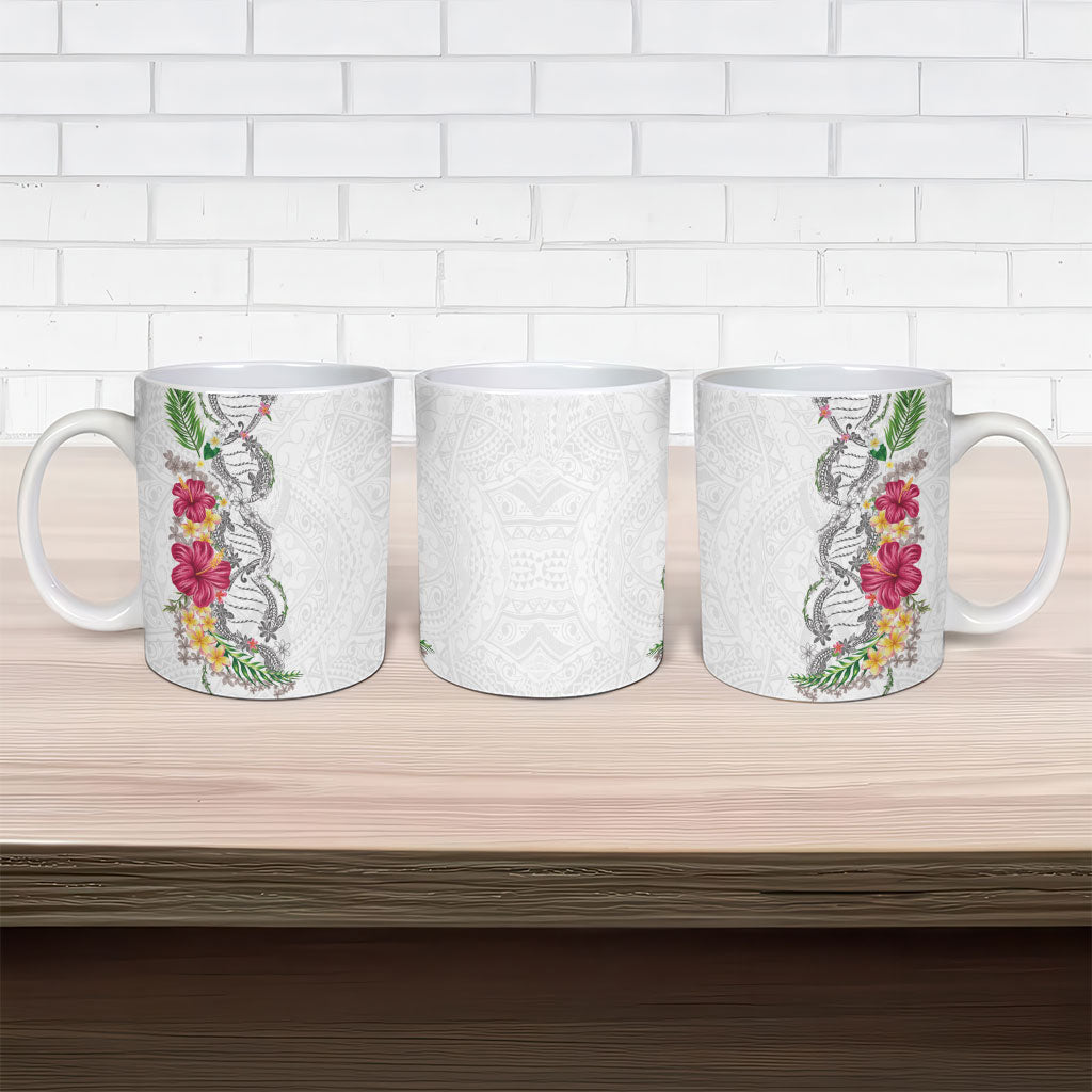 Hawaii DNA Kakau Tattoo Ceramic Mug with Plumeria and Hibiscus Tropical Plants White Color