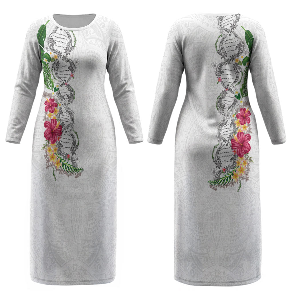 Hawaii DNA Kakau Tattoo Couples Matching Long Sleeve Bodycon Dress and Long Sleeve Button Shirt with Plumeria and Hibiscus Tropical Plants White Color