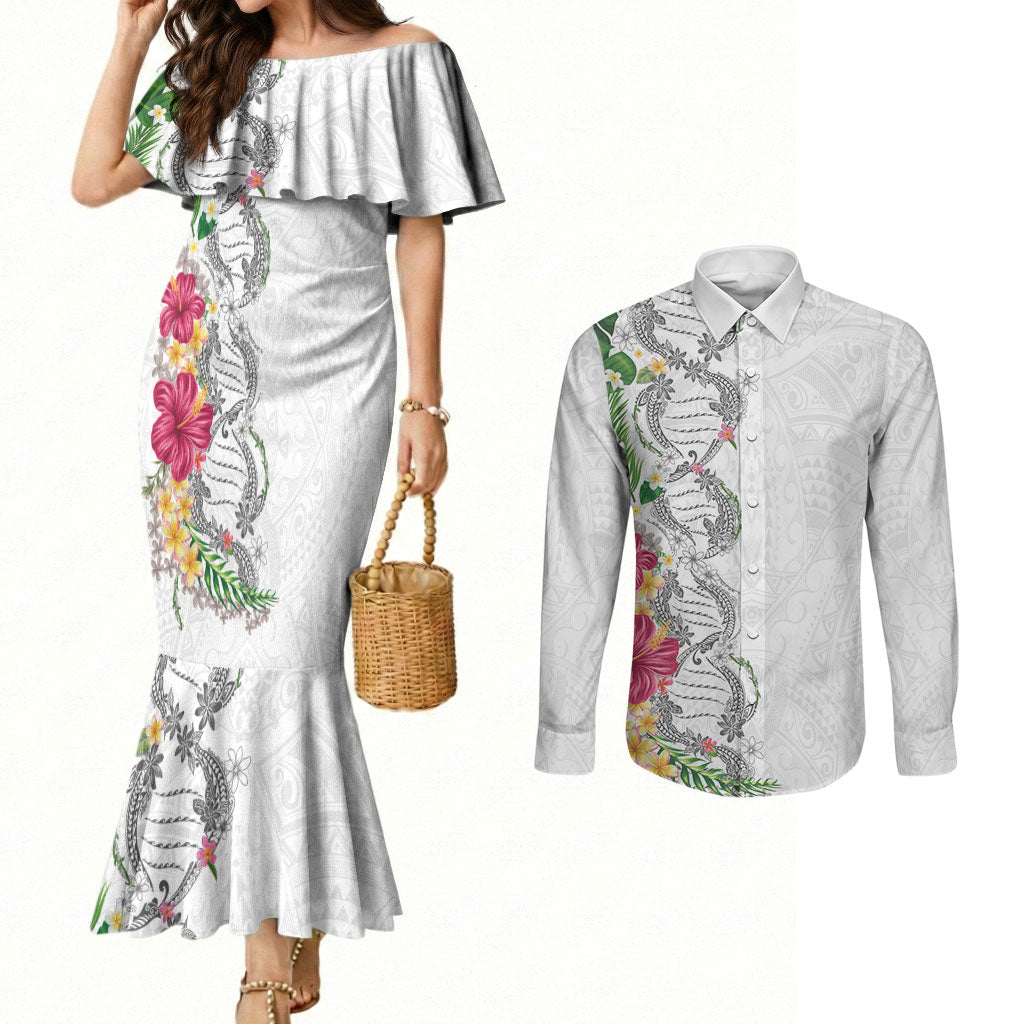 Hawaii DNA Kakau Tattoo Couples Matching Mermaid Dress and Long Sleeve Button Shirt with Plumeria and Hibiscus Tropical Plants White Color