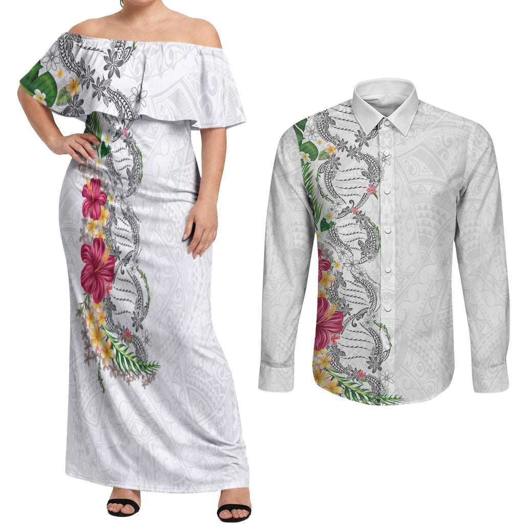 Hawaii DNA Kakau Tattoo Couples Matching Off Shoulder Maxi Dress and Long Sleeve Button Shirt with Plumeria and Hibiscus Tropical Plants White Color