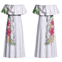 Hawaii DNA Kakau Tattoo Couples Matching Off Shoulder Maxi Dress and Long Sleeve Button Shirt with Plumeria and Hibiscus Tropical Plants White Color
