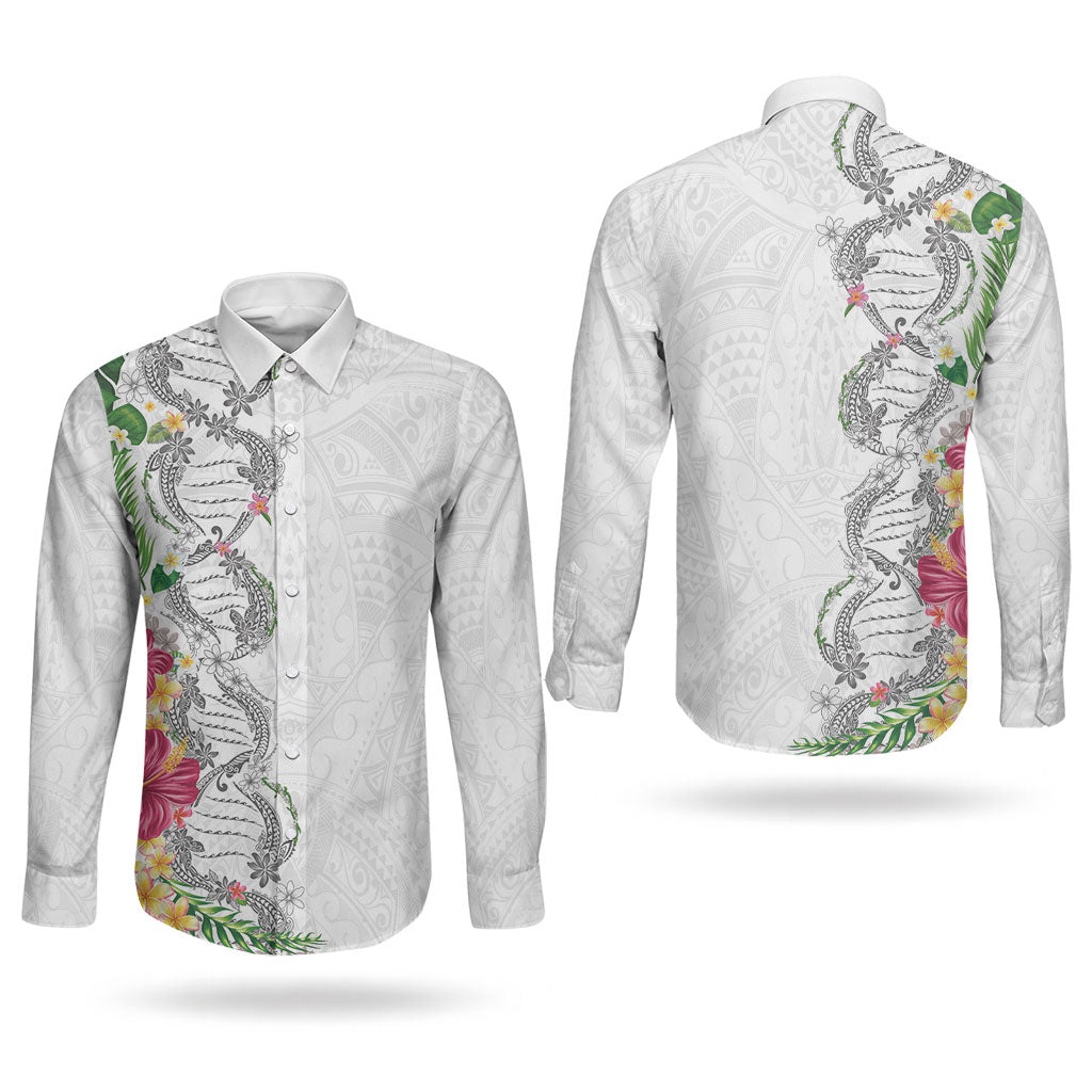 Hawaii DNA Kakau Tattoo Couples Matching Summer Maxi Dress and Long Sleeve Button Shirt with Plumeria and Hibiscus Tropical Plants White Color