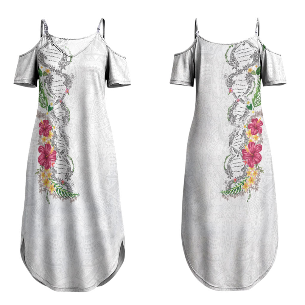 Hawaii DNA Kakau Tattoo Couples Matching Summer Maxi Dress and Long Sleeve Button Shirt with Plumeria and Hibiscus Tropical Plants White Color