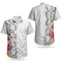 Hawaii DNA Kakau Tattoo Couples Matching Tank Maxi Dress and Hawaiian Shirt with Plumeria and Hibiscus Tropical Plants White Color