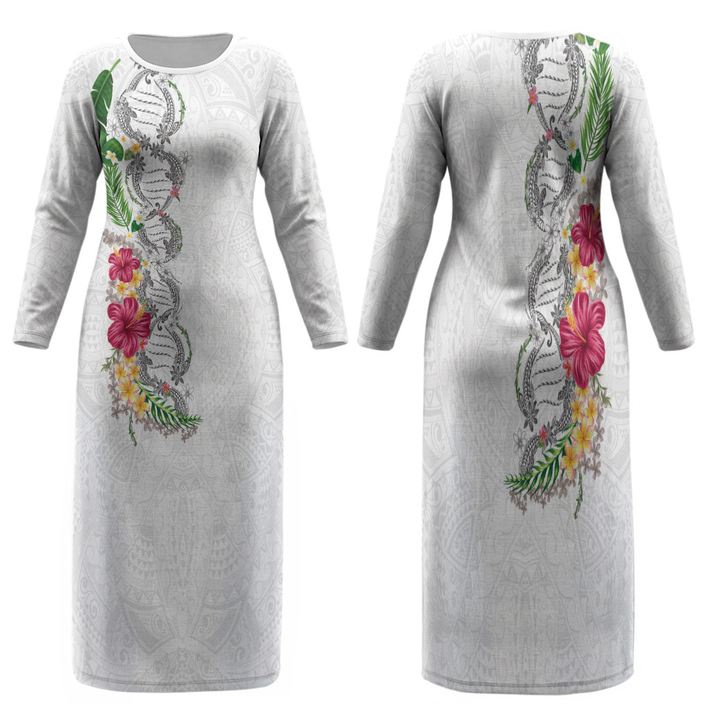 Hawaii DNA Kakau Tattoo Family Matching Long Sleeve Bodycon Dress and Hawaiian Shirt with Plumeria and Hibiscus Tropical Plants White Color