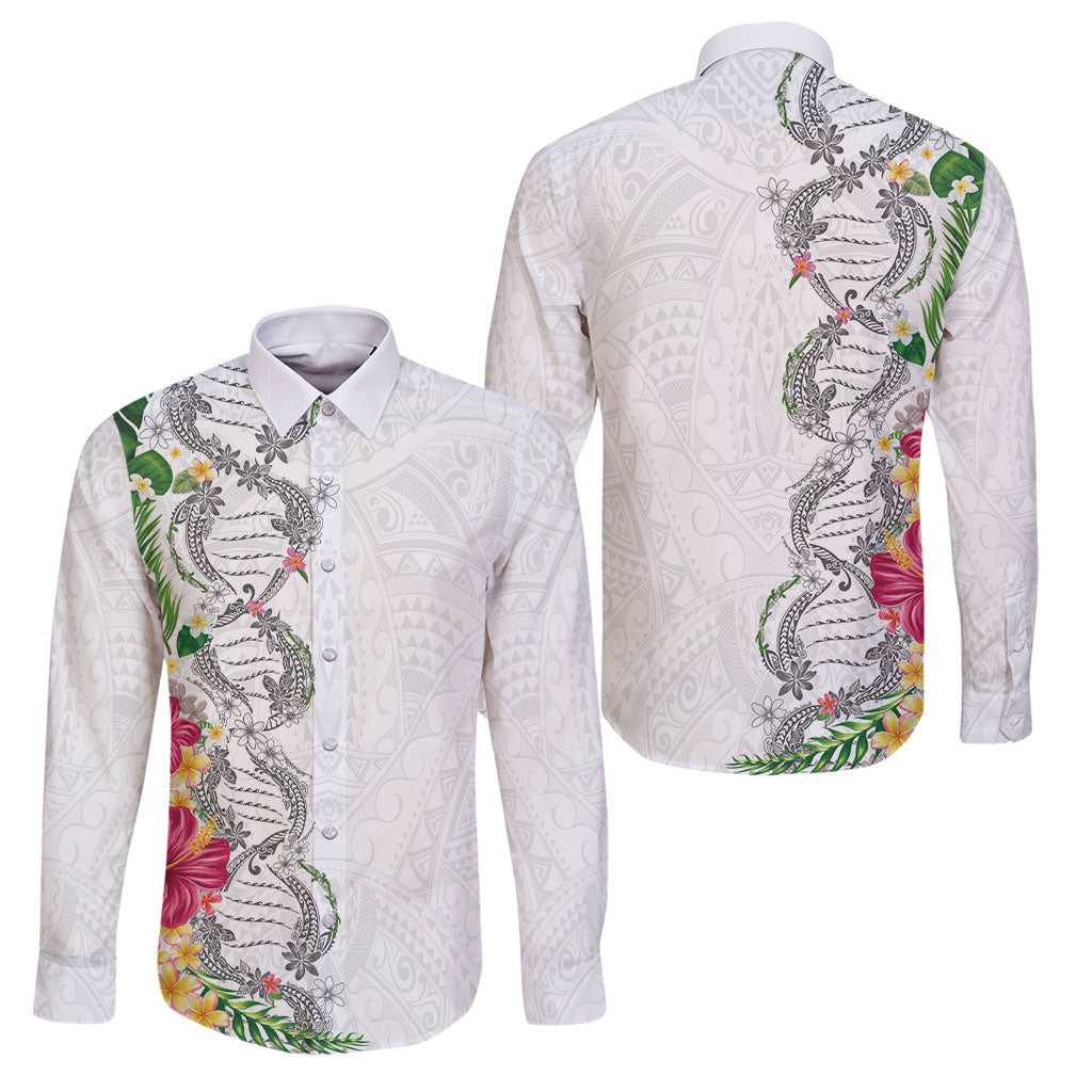 Hawaii DNA Kakau Tattoo Family Matching Long Sleeve Bodycon Dress and Hawaiian Shirt with Plumeria and Hibiscus Tropical Plants White Color
