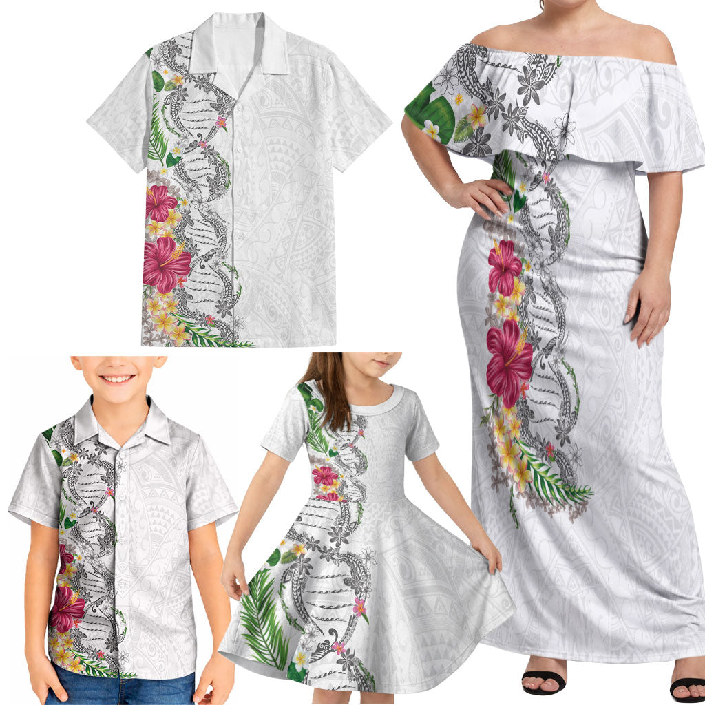 Hawaii DNA Kakau Tattoo Family Matching Off Shoulder Maxi Dress and Hawaiian Shirt with Plumeria and Hibiscus Tropical Plants White Color