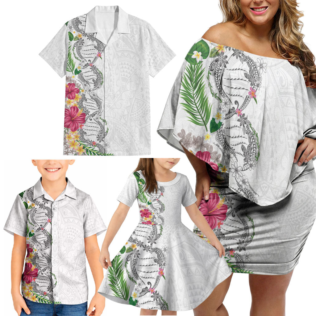 Hawaii DNA Kakau Tattoo Family Matching Off Shoulder Short Dress and Hawaiian Shirt with Plumeria and Hibiscus Tropical Plants White Color