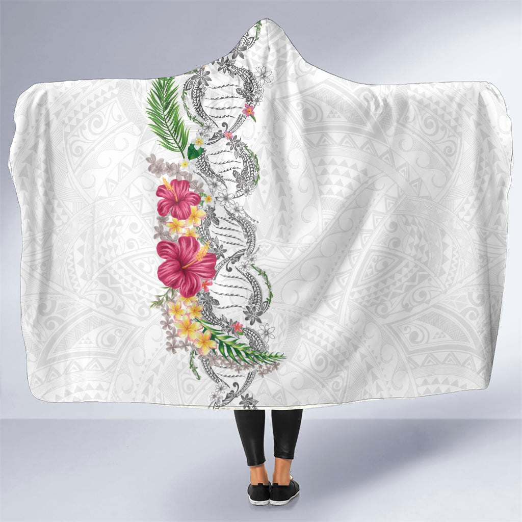 Hawaii DNA Kakau Tattoo Hooded Blanket with Plumeria and Hibiscus Tropical Plants White Color