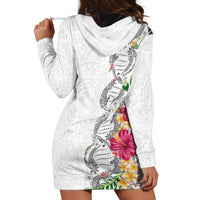 Hawaii DNA Kakau Tattoo Hoodie Dress with Plumeria and Hibiscus Tropical Plants White Color LT03 - Polynesian Pride