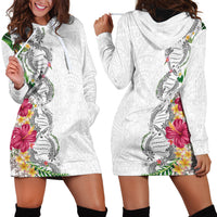 Hawaii DNA Kakau Tattoo Hoodie Dress with Plumeria and Hibiscus Tropical Plants White Color LT03 - Polynesian Pride