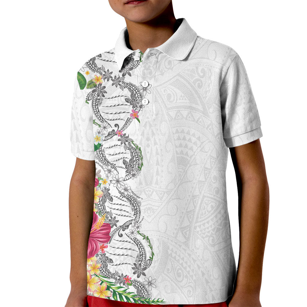 Hawaii DNA Kakau Tattoo Kid Polo Shirt with Plumeria and Hibiscus Tropical Plants White Color