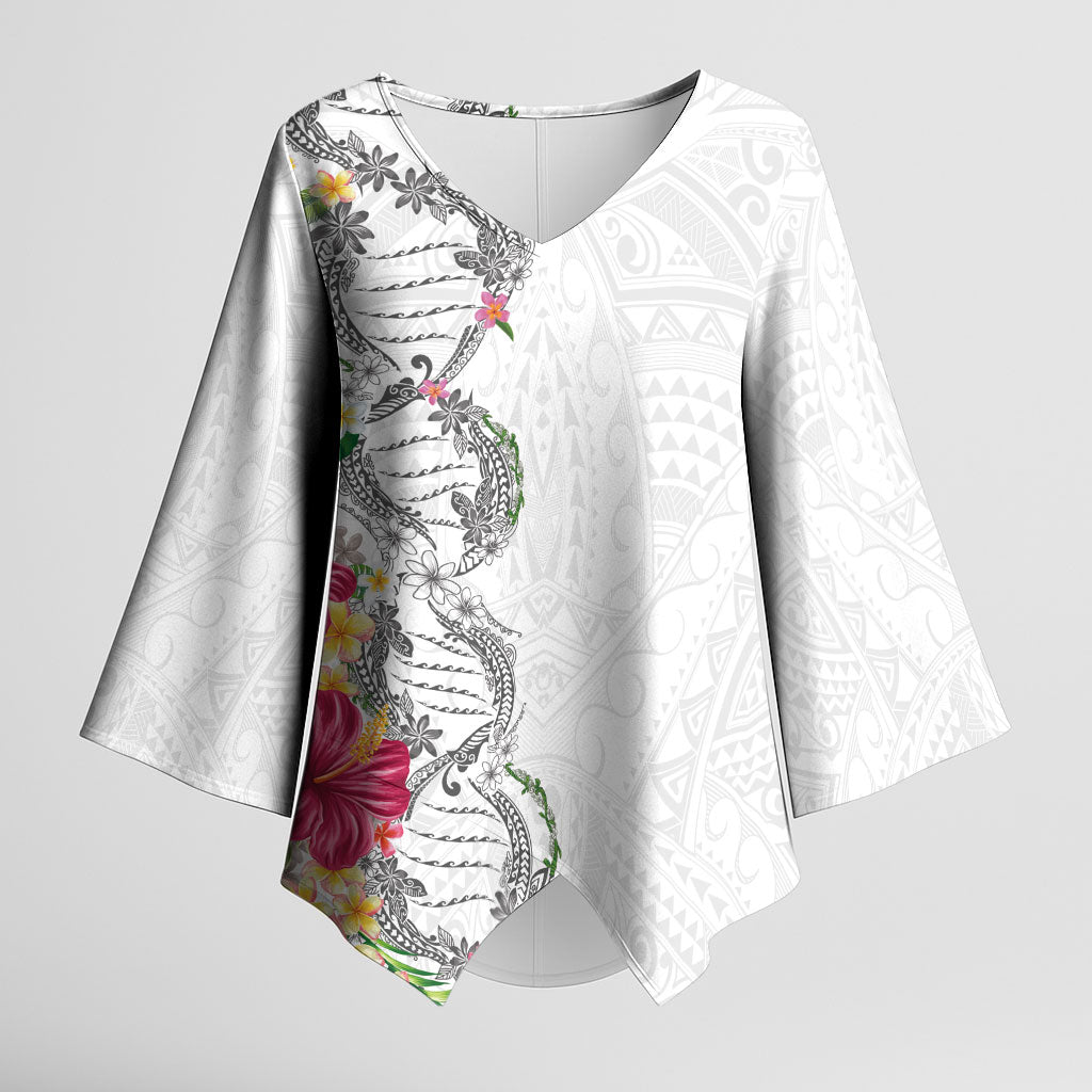 Hawaii DNA Kakau Tattoo Kimono Sleeve Blouse with Plumeria and Hibiscus Tropical Plants White Color