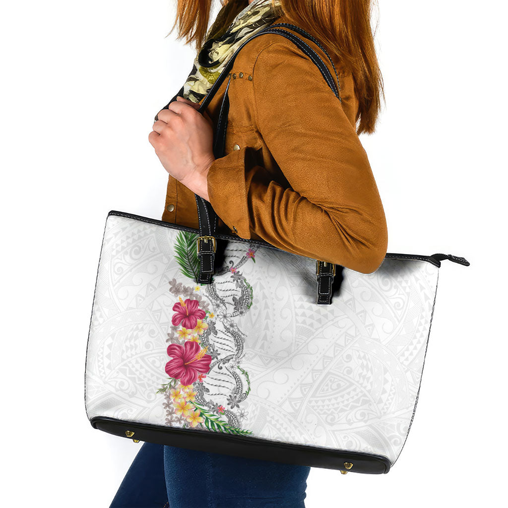 Hawaii DNA Kakau Tattoo Leather Tote Bag with Plumeria and Hibiscus Tropical Plants White Color