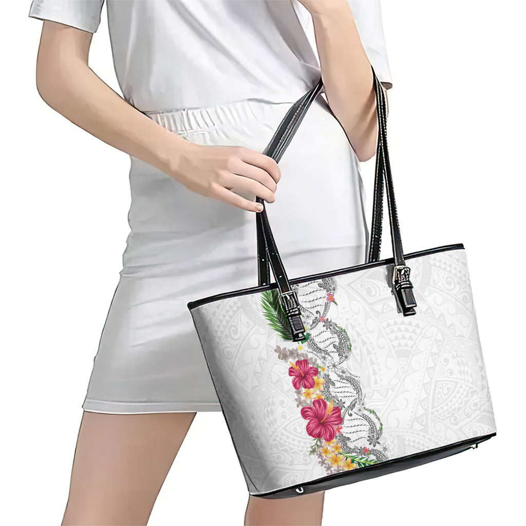Hawaii DNA Kakau Tattoo Leather Tote Bag with Plumeria and Hibiscus Tropical Plants White Color