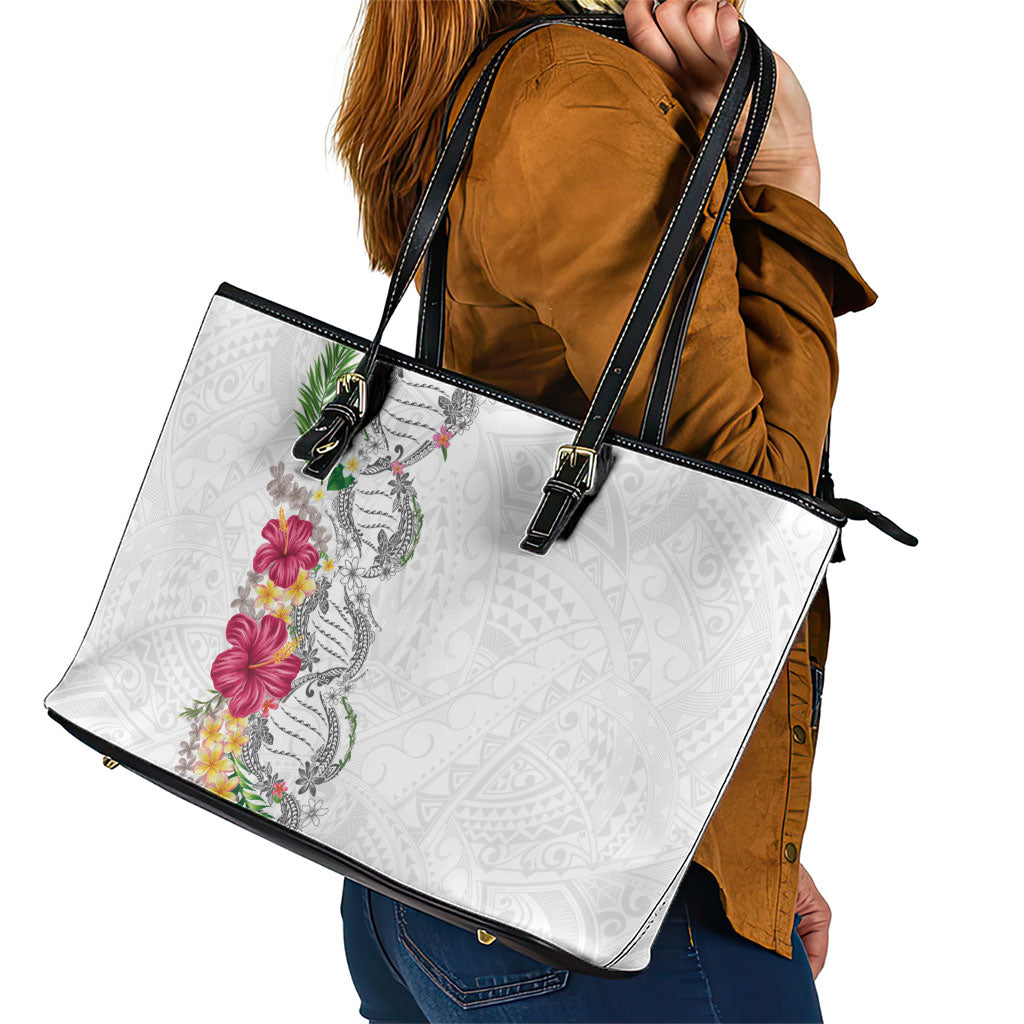 Hawaii DNA Kakau Tattoo Leather Tote Bag with Plumeria and Hibiscus Tropical Plants White Color