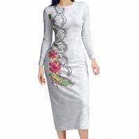 Hawaii DNA Kakau Tattoo Long Sleeve Bodycon Dress with Plumeria and Hibiscus Tropical Plants White Color