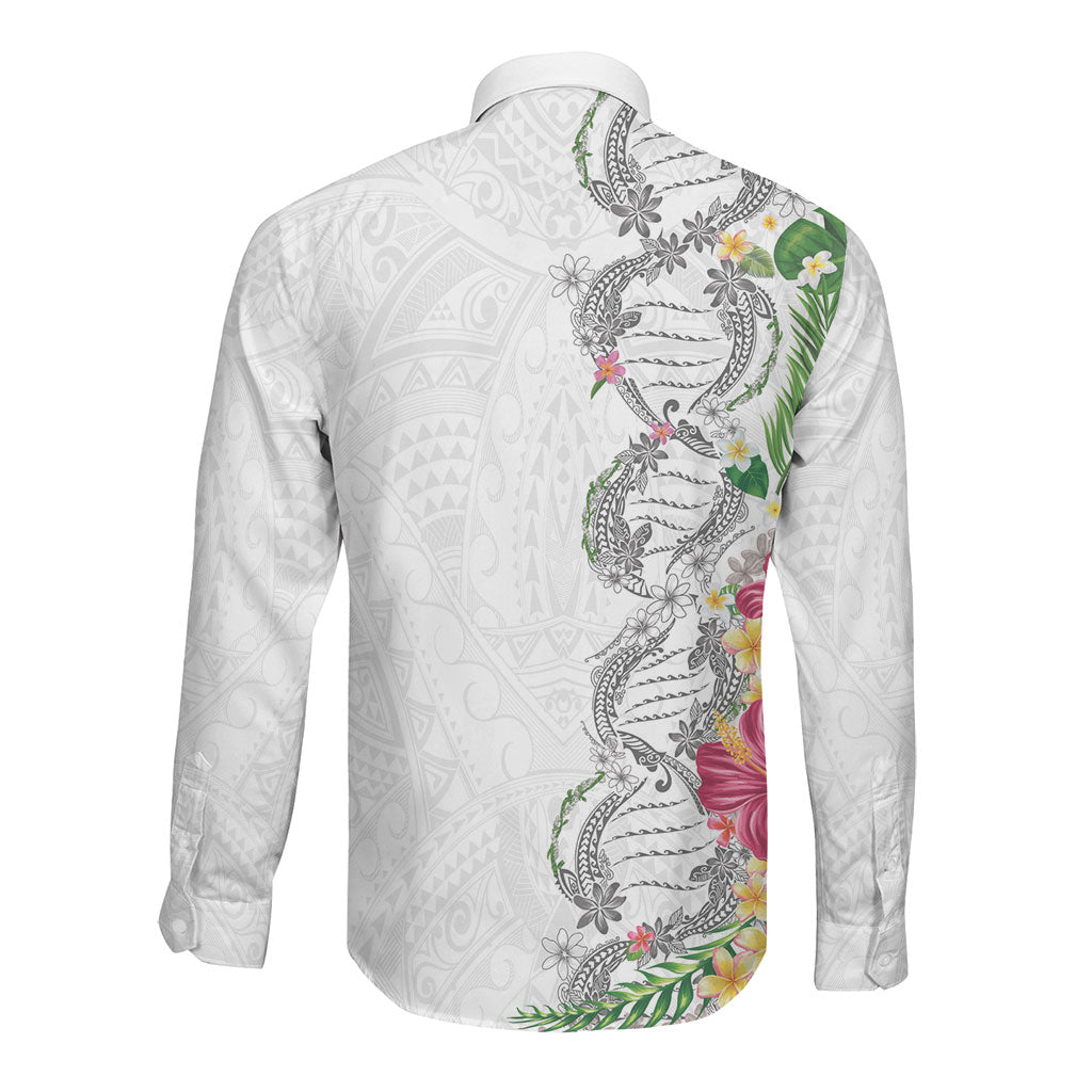 Hawaii DNA Kakau Tattoo Long Sleeve Button Shirt with Plumeria and Hibiscus Tropical Plants White Color