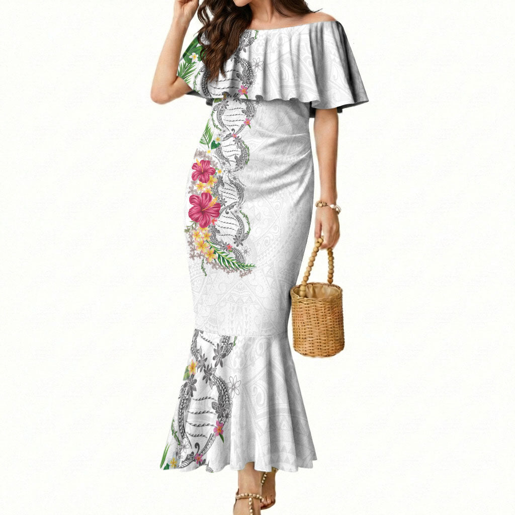 Hawaii DNA Kakau Tattoo Mermaid Dress with Plumeria and Hibiscus Tropical Plants White Color