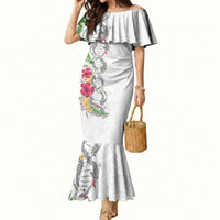 Hawaii DNA Kakau Tattoo Mermaid Dress with Plumeria and Hibiscus Tropical Plants White Color