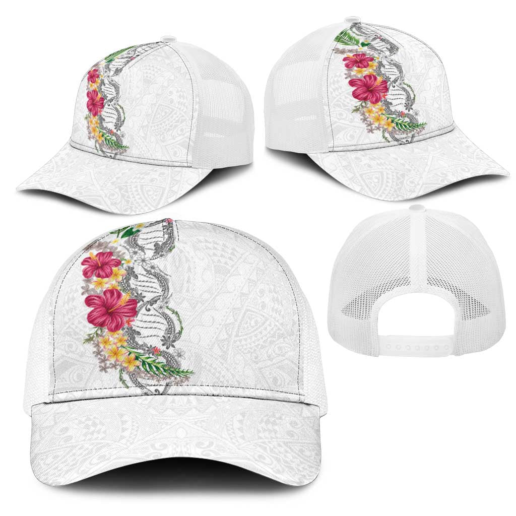 Hawaii DNA Kakau Tattoo Mesh Trucker Cap with Plumeria and Hibiscus Tropical Plants White Color