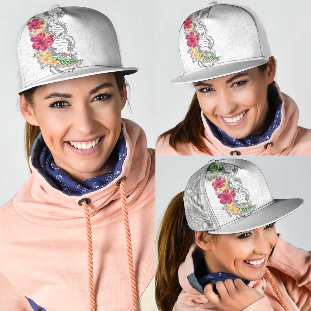 Hawaii DNA Kakau Tattoo Mesh Trucker Cap with Plumeria and Hibiscus Tropical Plants White Color
