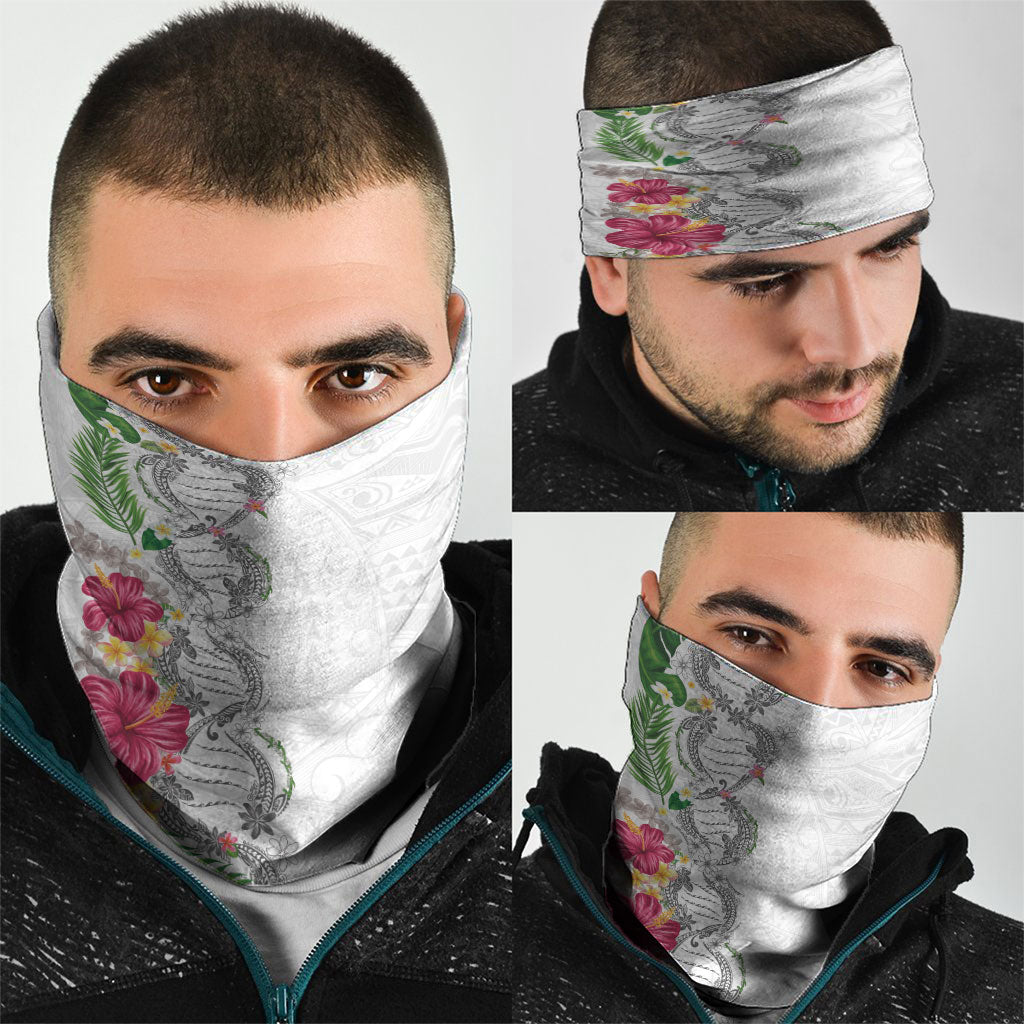 Hawaii DNA Kakau Tattoo Neck Gaiter with Plumeria and Hibiscus Tropical Plants White Color