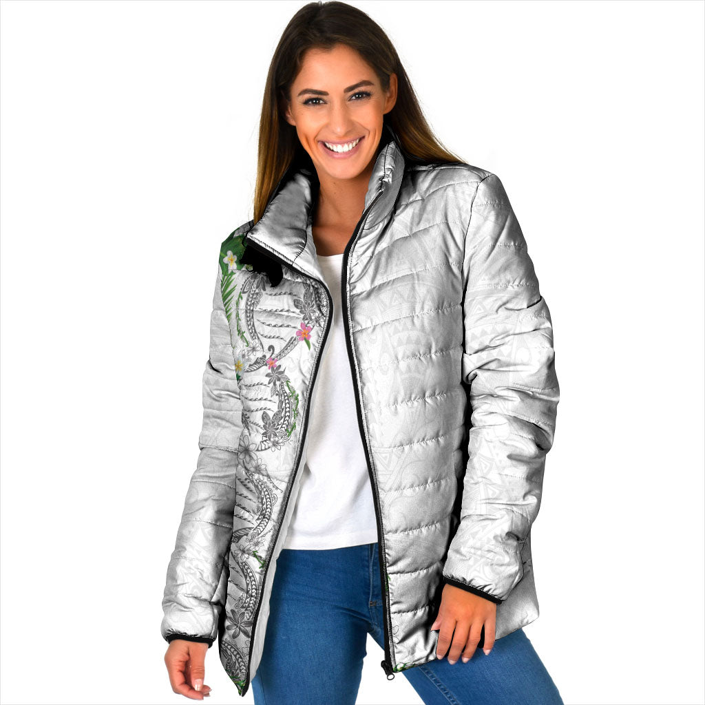 Hawaii DNA Kakau Tattoo Padded Jacket with Plumeria and Hibiscus Tropical Plants White Color