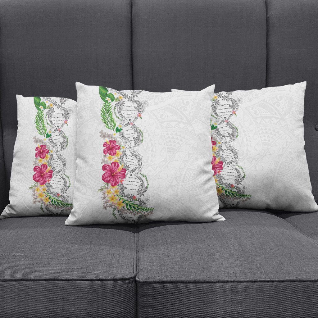 Hawaii DNA Kakau Tattoo Pillow Cover with Plumeria and Hibiscus Tropical Plants White Color LT03 - Polynesian Pride