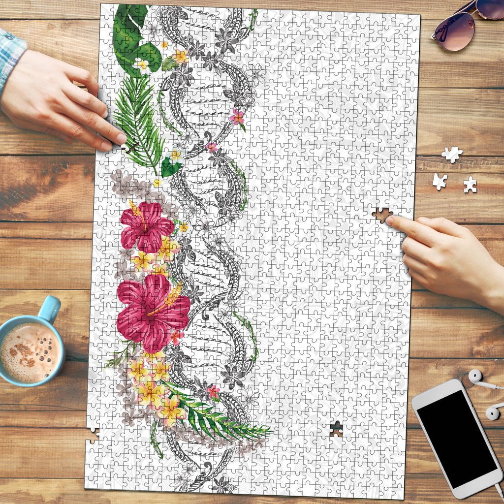 Hawaii DNA Kakau Tattoo Puzzle with Plumeria and Hibiscus Tropical Plants White Color