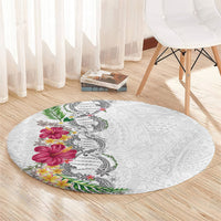 Hawaii DNA Kakau Tattoo Round Carpet with Plumeria and Hibiscus Tropical Plants White Color