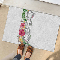 Hawaii DNA Kakau Tattoo Rubber Doormat with Plumeria and Hibiscus Tropical Plants White Color