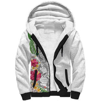 Hawaii DNA Kakau Tattoo Sherpa Hoodie with Plumeria and Hibiscus Tropical Plants White Color