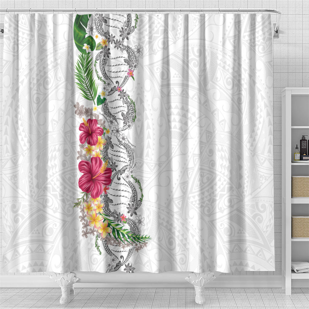 Hawaii DNA Kakau Tattoo Shower Curtain with Plumeria and Hibiscus Tropical Plants White Color