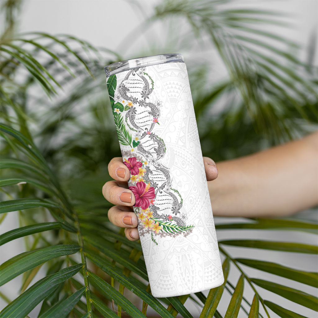 Hawaii DNA Kakau Tattoo Skinny Tumbler with Plumeria and Hibiscus Tropical Plants White Color