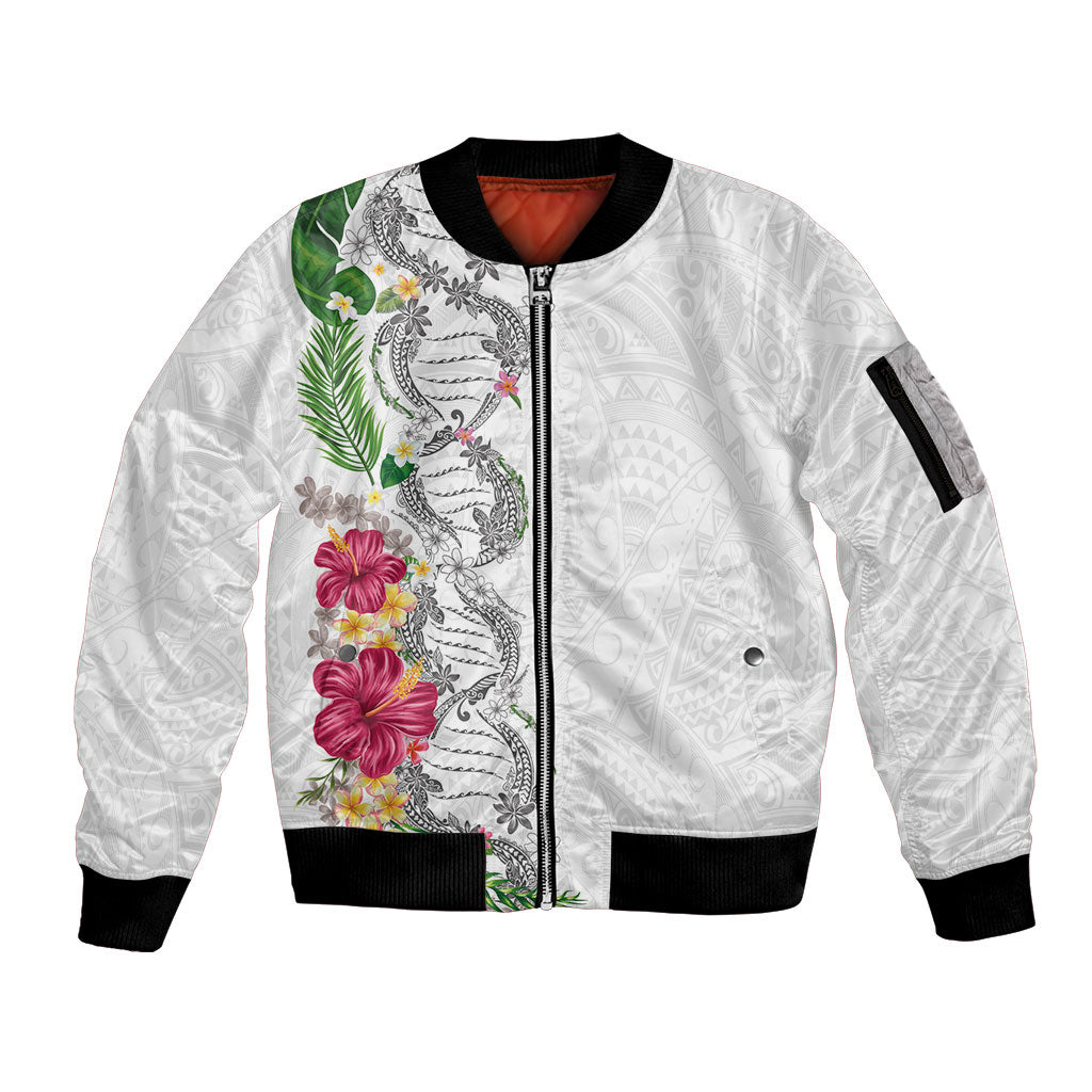 Hawaii DNA Kakau Tattoo Sleeve Zip Bomber Jacket with Plumeria and Hibiscus Tropical Plants White Color