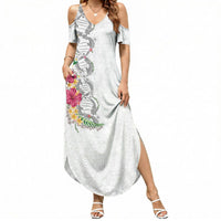Hawaii DNA Kakau Tattoo Summer Maxi Dress with Plumeria and Hibiscus Tropical Plants White Color