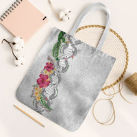 Hawaii DNA Kakau Tattoo Tote Bag with Plumeria and Hibiscus Tropical Plants White Color