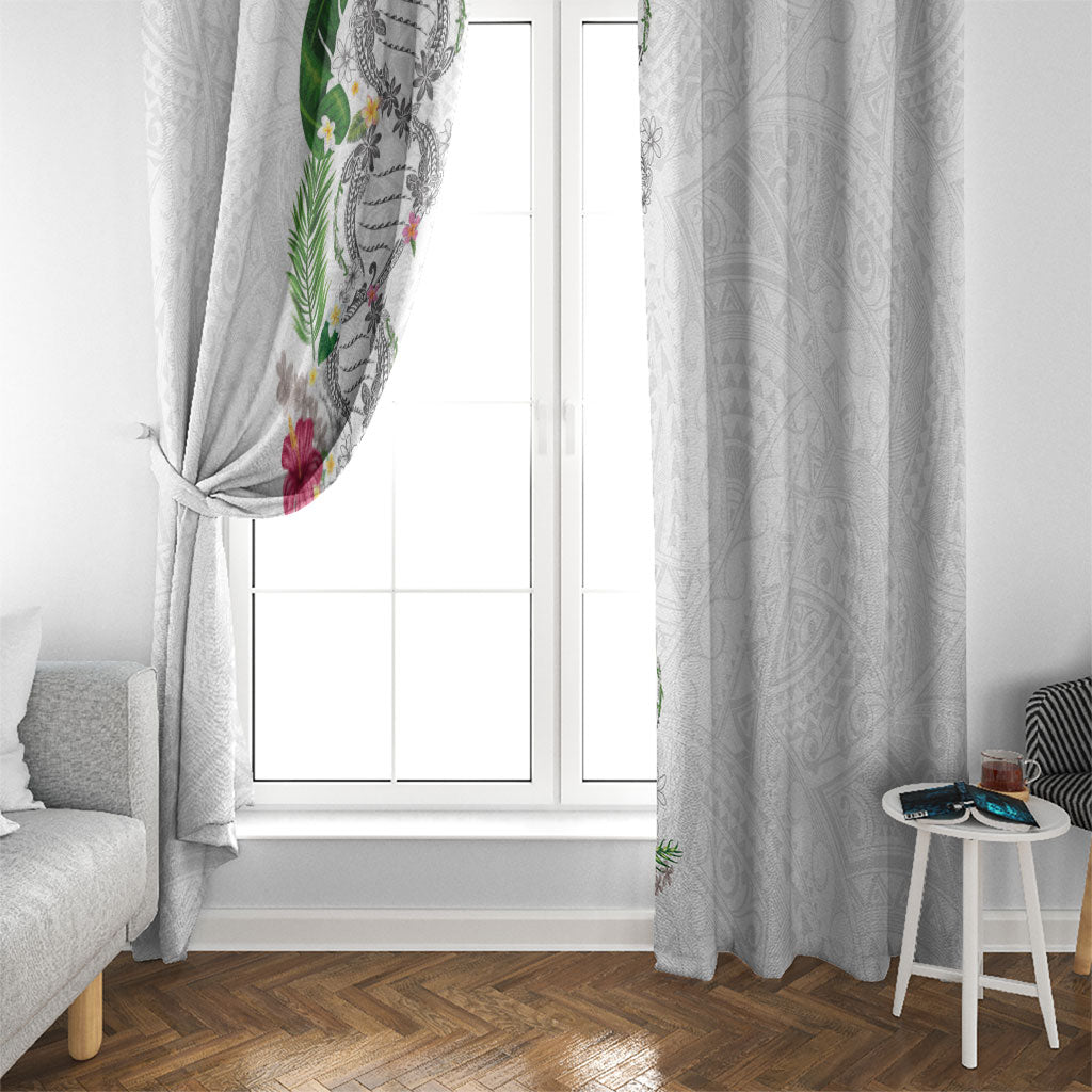 Hawaii DNA Kakau Tattoo Window Curtain with Plumeria and Hibiscus Tropical Plants White Color