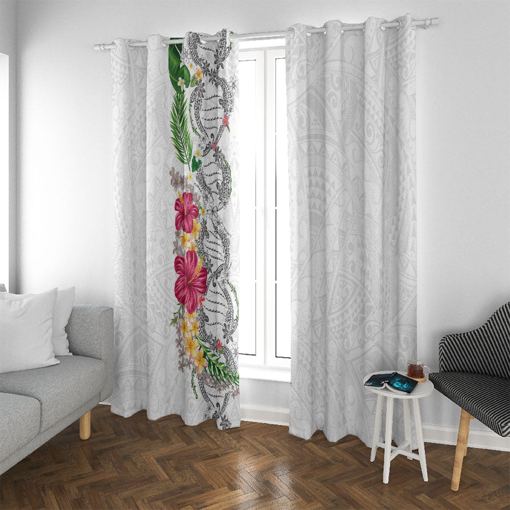 Hawaii DNA Kakau Tattoo Window Curtain with Plumeria and Hibiscus Tropical Plants White Color